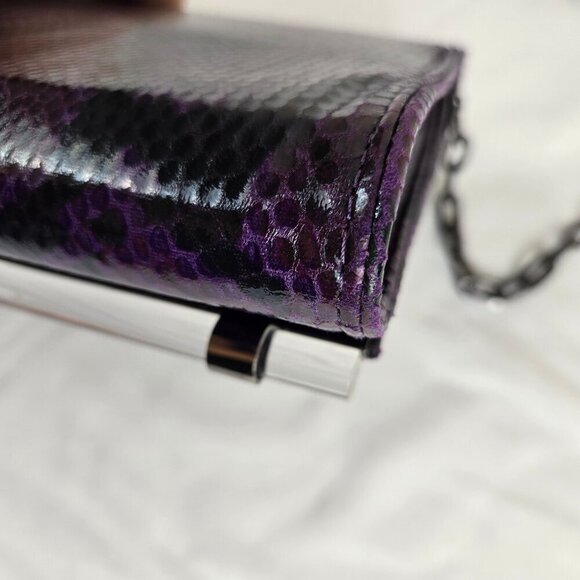 White House Black Market Purple Black Snakeskin Print Clutch Removable Chain - Picture 5 of 15